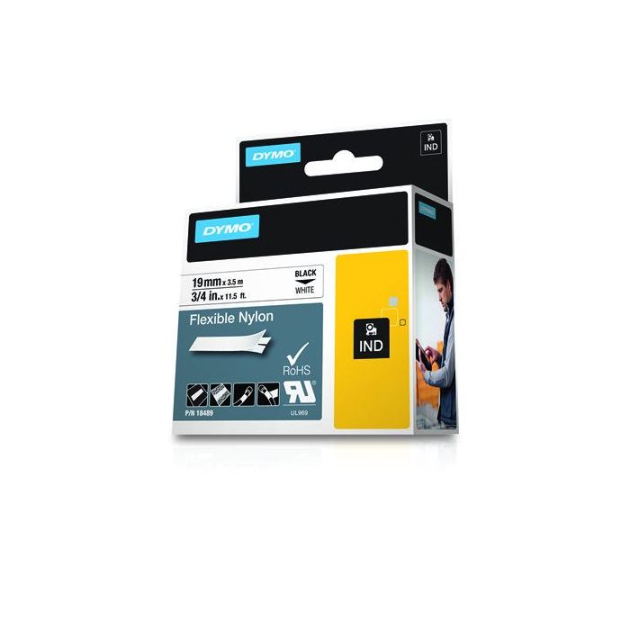 Dymo Rhino ID1-19 Cinta de Etiquetas Original para Rotuladora - Texto Negro sobre Fondo Blanco - Ancho 19mm x 3.5 metros - 18489