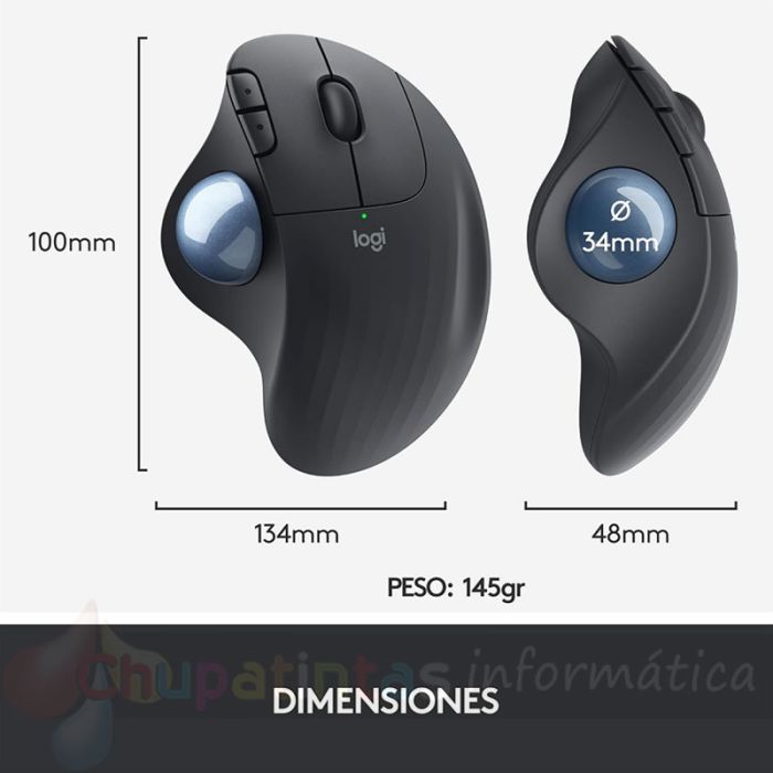 Logitech Ergo M575 Ratón Inalámbrico TrackBall USB 2000dpi - 5 Botones - Uso Diestro - Color Grafito - Medidas
