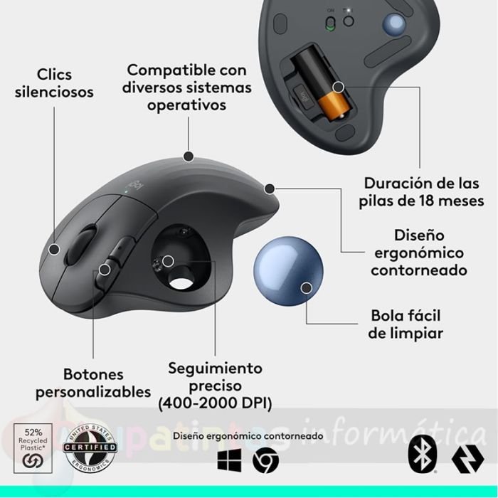 Logitech Ergo M575 Ratón Inalámbrico TrackBall USB 2000dpi - 5 Botones - Uso Diestro - Color Grafito - Características