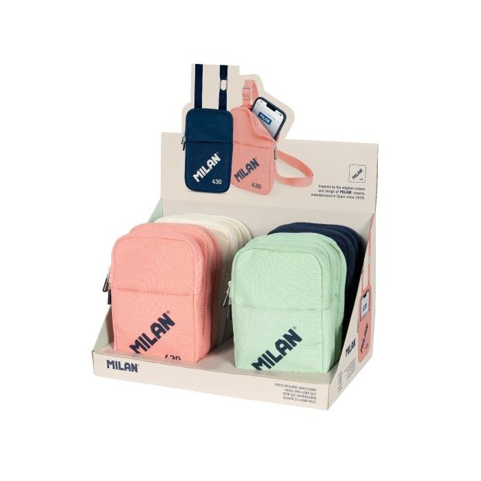 Milan Serie 1918 430 Expositor con 12 Bolsos Pequeños Bandolera - Tamaño Bolso 19x2.3x12.8cm - Cierre de Cremallera - Mosqueton de Aluminio - Colores Surtidos