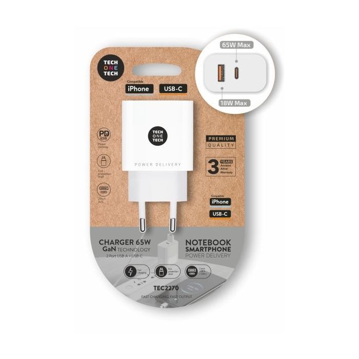 TechOneTech Cargador de Pared PD 65W con 1 Puerto USB-C + 1 Puerto USB-A