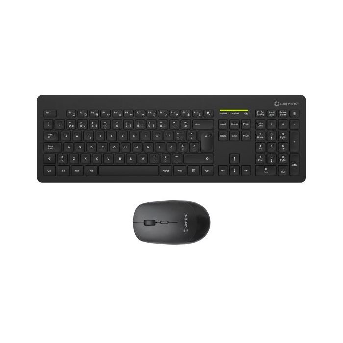 Unykach MK212 Pro Slim Wireless Pack de Teclado Inalambrico Slim 108 Teclas de Membrana + Raton Inalambrico 1600dpi, 3 Botones, Uso Ambidiestro - Idioma Portugues - Color Negro