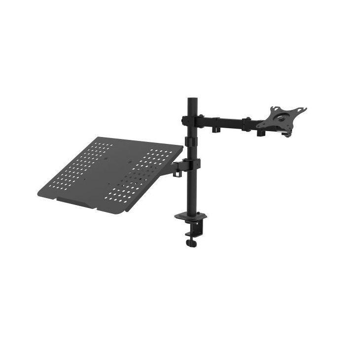 Unykach UK1420 Soporte de Mesa con Brazo Articulado para Monitor de 10"-32" + Soporte para Portatil - Giratorio, Inclinable y Extensible - Gestion de Cables - Peso Max 10kg - VESA 100x100mm