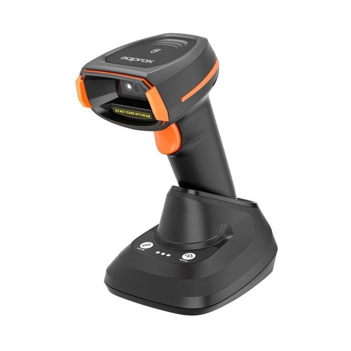 Approx Lector de Codigos de Barras 1D/2D Inalambrico con Base de Carga - Indicador LED, Beeper y Vibracion - Velocidad de Escaneo 60fps - Disparo Manual o Automatico - Autonomia hasta 12h - Color Negro/Naranja