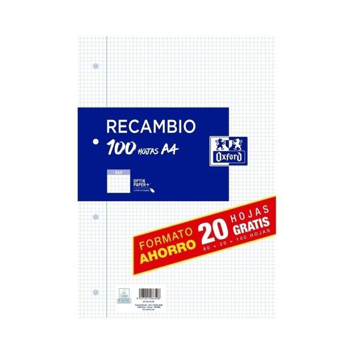 Oxford Recambio Formato A4 Cuadriculado 4x4mm 4 Taladros - 80 Hojas + 20 Gratis 90gr con Margen