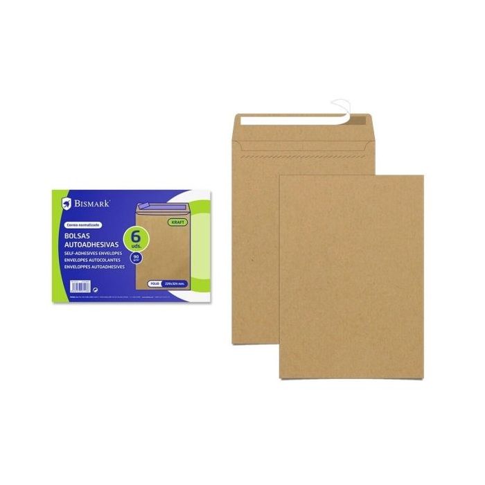 Bismark Pack de 6 Sobres de Papel Kraft 90gr - Medidas 184x261mm - Cierre Autoadhesivo - Color Marron