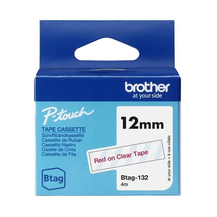 Brother Btag-132 Cinta 12mm - Texto Rojo sobre Fondo Transparente - Medidas 12mmx4 Metros - Apta para PTN10, PTN20, PTN25BT
