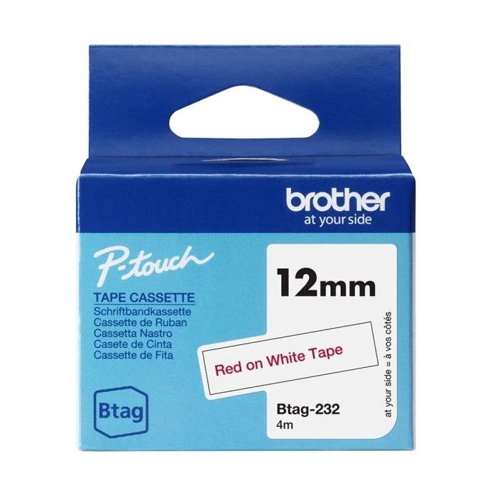 Brother Btag-232 Cinta 12mm - Texto Rojo sobre Fondo Blanco - Medidas 12mmx4 Metros - Apta para PTN10, PTN20, PTN25BT