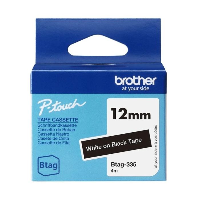 Brother Btag-335 Cinta 12mm - Texto Blanco sobre Fondo Negro - Medidas 12mmx4 Metros - Apta para PTN10, PTN20, PTN25BT