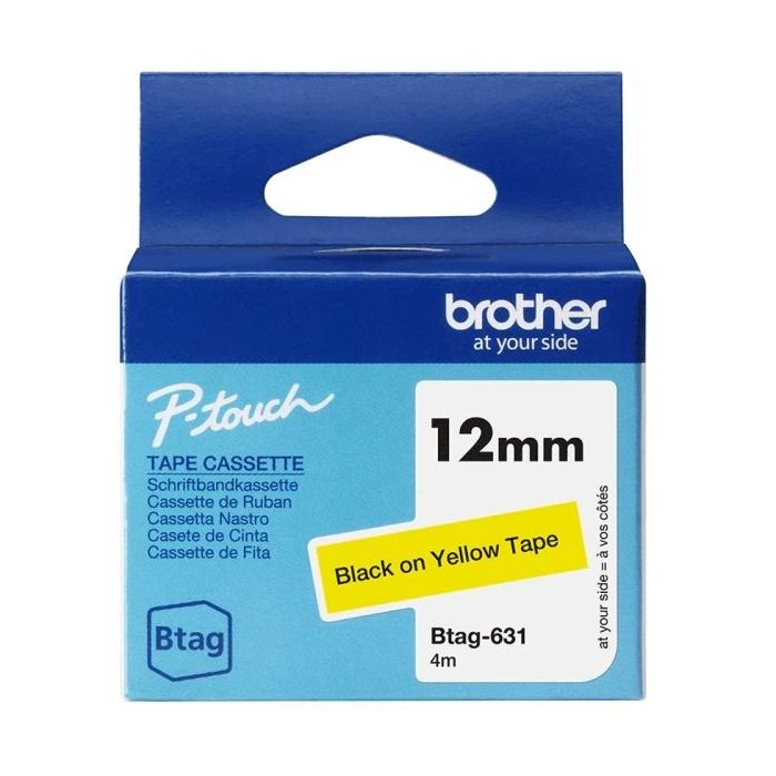 Brother Btag-631 Cinta 12mm - Texto Negro sobre Fondo Amarillo - Medidas 12mmx4 Metros - Apta para PTN10, PTN20, PTN25BT