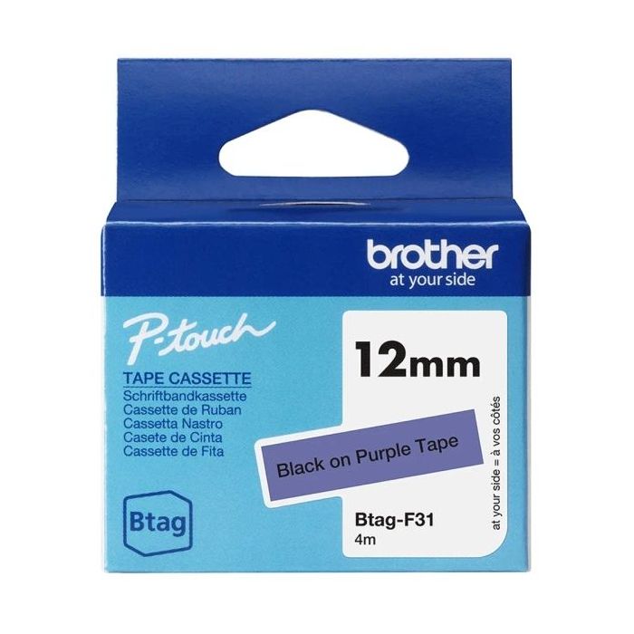 Brother Btag-F31 Cinta 12mm - Texto Negro sobre Fondo Morado - Medidas 12mmx4 Metros - Apta para PTN10, PTN20, PTN25BT