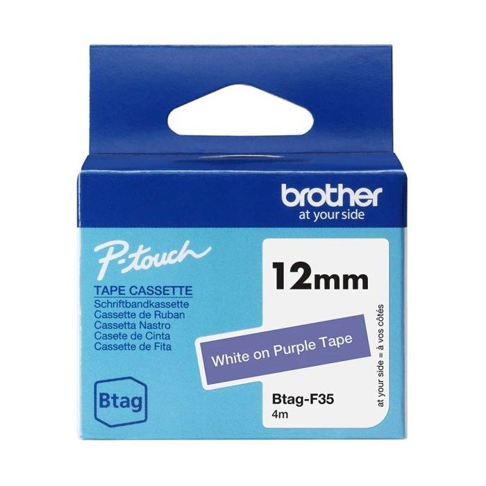 Brother Btag-F35 Cinta 12mm - Texto Blanco sobre Fondo Morado - Medidas 12mmx4 Metros - Apta para PTN10, PTN20, PTN25BT