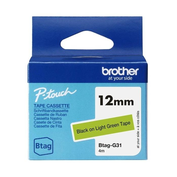 Brother Btag-G31 Cinta 12mm - Texto Negro sobre Fondo Verde - Medidas 12mmx4 Metros - Apta para PTN10, PTN20, PTN25BT