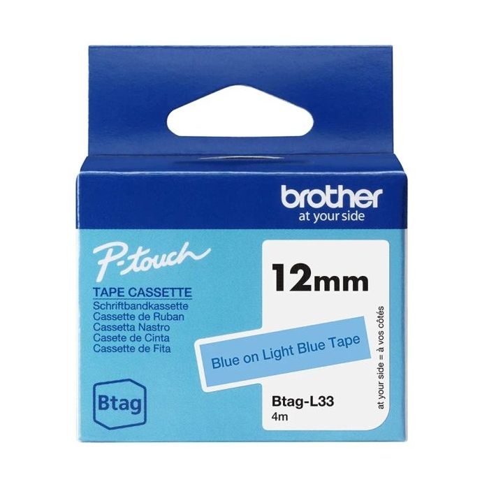 Brother Btag-L33 Cinta 12mm - Texto Azul sobre Fondo Azul Claro - Medidas 12mmx4 Metros - Apta para PTN10, PTN20, PTN25BT