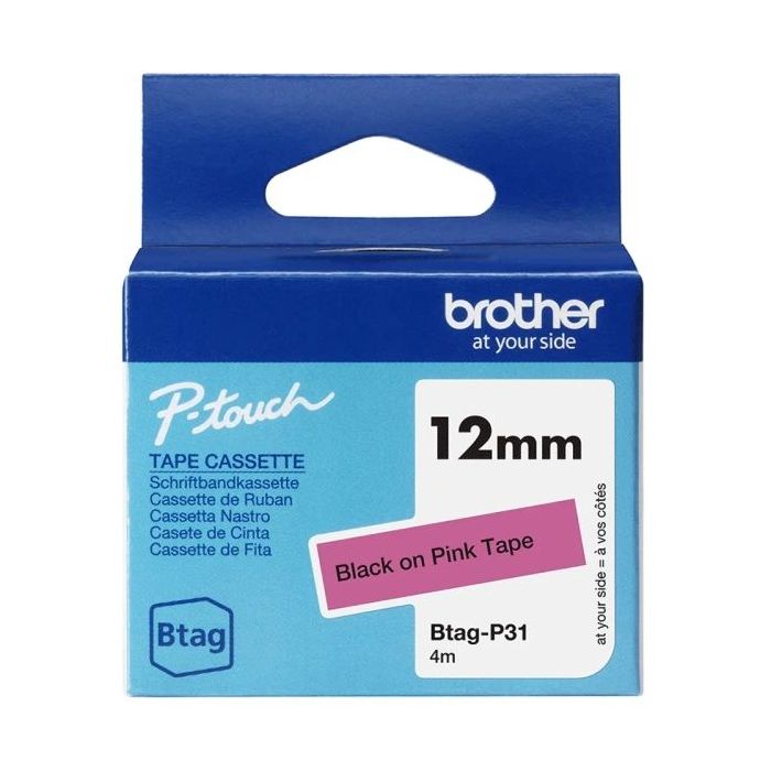 Brother Btag-P31 Cinta 12mm - Texto Negro sobre Fondo Rosa - Medidas 12mmx4 Metros - Apta para PTN10, PTN20, PTN25BT