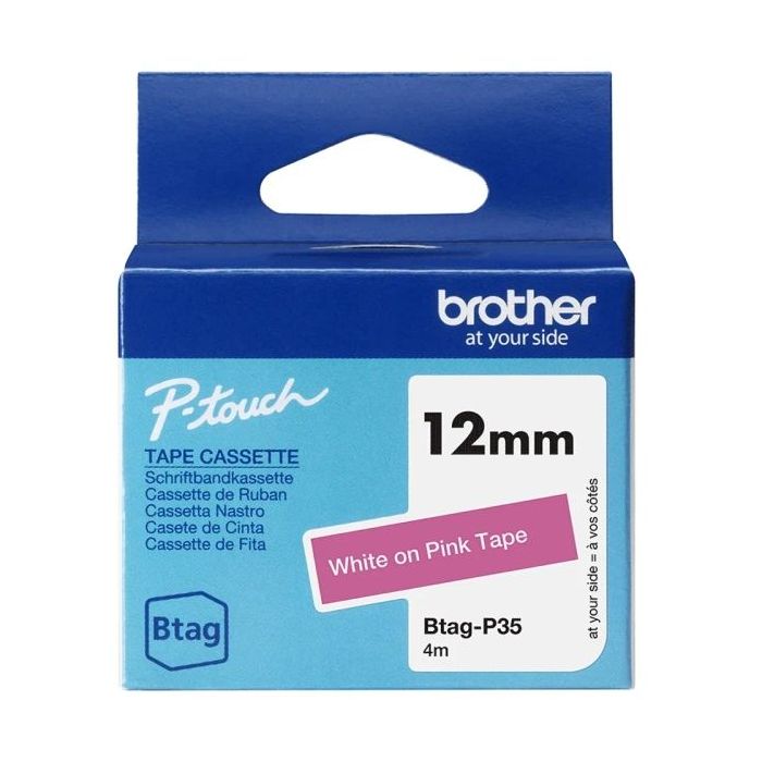 Brother Btag-P35 Cinta 12mm - Texto Blanco sobre Fondo Rosa - Medidas 12mmx4 Metros - Apta para PTN10, PTN20, PTN25BT