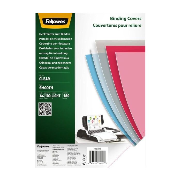Fellowes Pack de 100 Portadas para Encuadernar de Polietileno A4 180 Micras - Producto Reciclable - Transparentes
