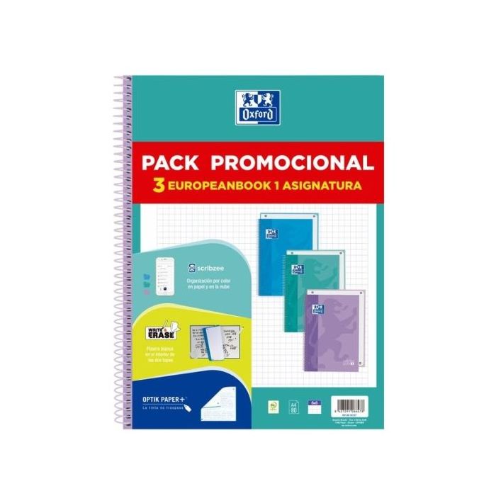 Oxford Europeanbook 1 Touch Pack de 3 Cuadernos Espiral Formato A4+ Cuadriculado 5x5mm - 80 Hojas 90gr - Tapa Extradura Tacto Suave - Recuadro de Color - Colores Pastel Surtidos