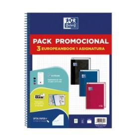 Oxford Europeanbook 1 Classic Pack de 3 Cuadernos Espiral Formato A4+ Cuadriculado 5x5mm - 80 Hojas 90gr - Tapa Extradura Tacto Suave - Recuadro de Color - Colores Vivos Surtidos