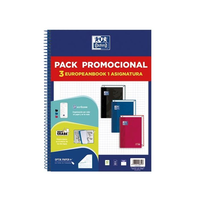 Oxford Europeanbook 1 Classic Pack de 3 Cuadernos Espiral Formato A4+ Cuadriculado 5x5mm - 80 Hojas 90gr - Tapa Extradura Tacto Suave - Recuadro de Color - Colores Vivos Surtidos
