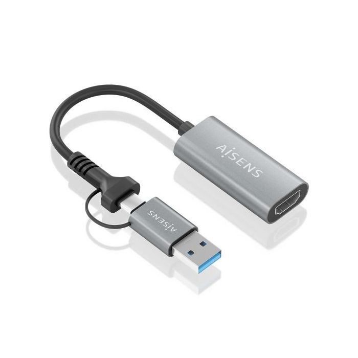 Aisens Conversor Aluminio USB-A+USB-C a HDMI 1080P@60HZ - USB-A/M+USB-C/M-HDMI/H - 15cm - Color Gris