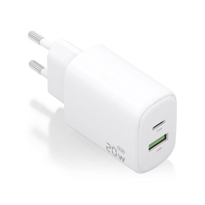 Aisens Cargador GaN 20W - 1xUSB-C PD3.0 - 1xUSB-A QC3.0 - Color Blanco
