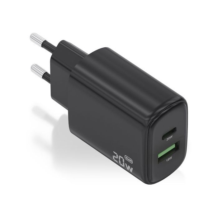 Aisens Cargador GaN 20W - 1xUSB-C PD3.0 - 1xUSB-A QC3.0 - Color Negro