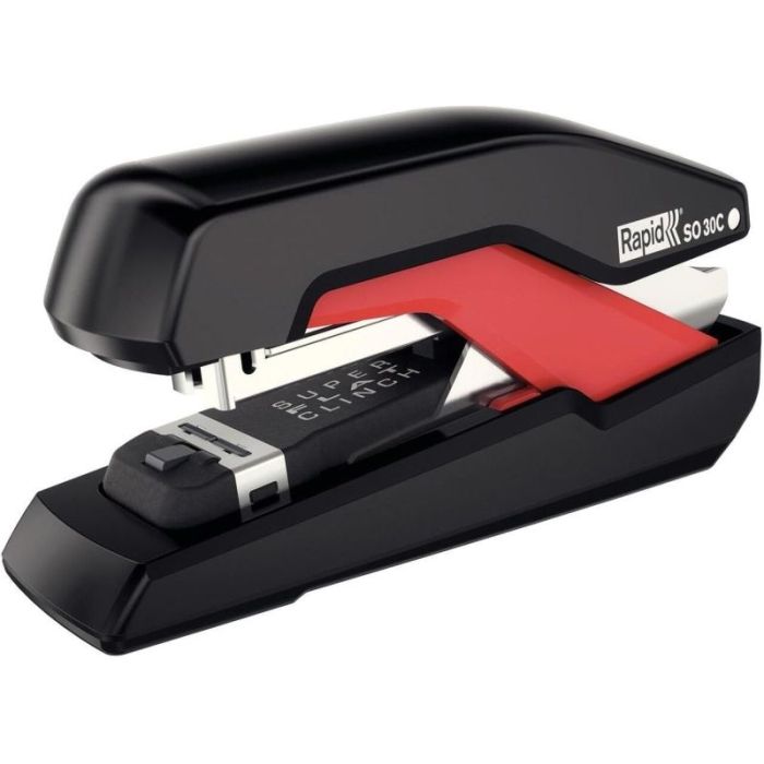 Rapid Supreme Omnipress SO30c Grapadora de Sobremesa Compacta - Hasta 30 Hojas - Grapado sin Esfuerzo - Color Negro/Rojo