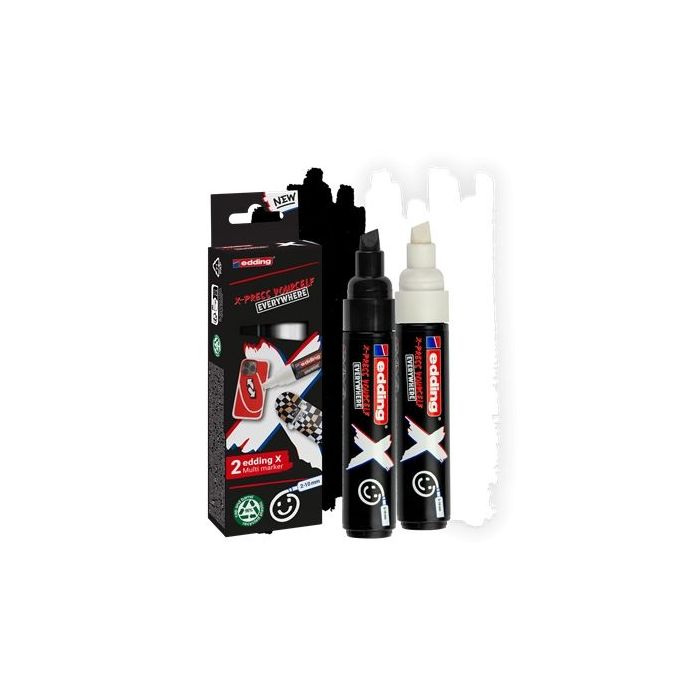 Edding X 6900 Pack de 2 Rotuladores Multisuperficie Permanentes de Tinta Opaca - Punta Biselada con Trazo 2-10mm - Color Blanco y Negro
