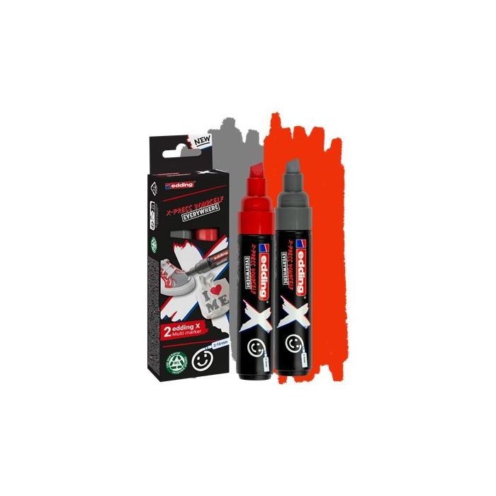 Edding X 6900 Pack de 2 Rotuladores Multisuperficie Permanentes de Tinta Opaca - Punta Biselada con Trazo 2-10mm - Color Gris y Rojo