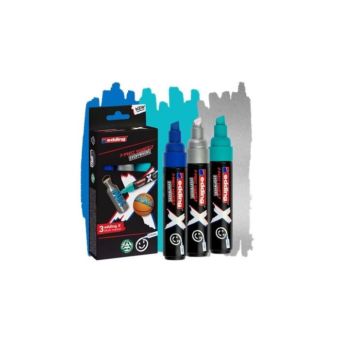 Edding X 6900 Oceano Pack de 3 Rotuladores Multisuperficie Permanentes de Tinta Opaca - Punta Biselada con Trazo 2-10mm - Color Azul, Plata y Turquesa