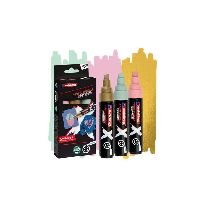 Edding X 6900 Pastel Pack de 3 Rotuladores Multisuperficie Permanentes de Tinta Opaca - Punta Biselada con Trazo 2-10mm - Color Oro, Verde Menta y Rosa Pastel