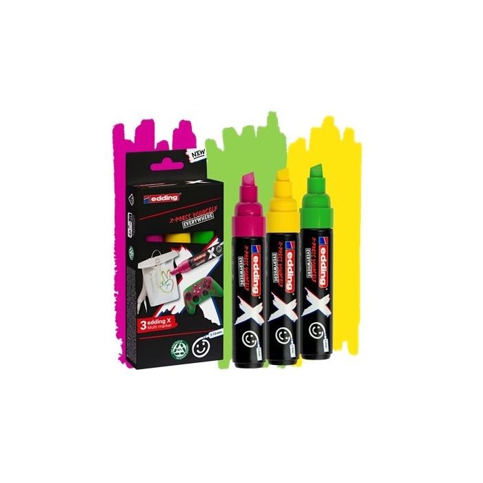 Edding X 6900 Caramelo Pack de 3 Rotuladores Multisuperficie Permanentes de Tinta Opaca - Punta Biselada con Trazo 2-10mm - Color Amarillo, Verde y Magenta
