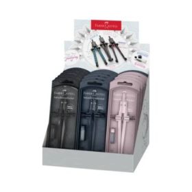 Faber-Castell Stream 2025 Expositor con 15 Compases Escolares de Ajuste Rapido - Circunferencias de hasta Ø 340mm - Incluye Bote de Minas - Colores Rosa, Negro y Azul Marino