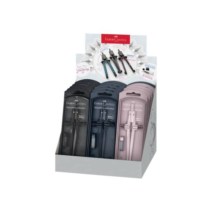 Faber-Castell Stream 2025 Expositor con 15 Compases Escolares de Ajuste Rapido - Circunferencias de hasta Ø 340mm - Incluye Bote de Minas - Colores Rosa, Negro y Azul Marino