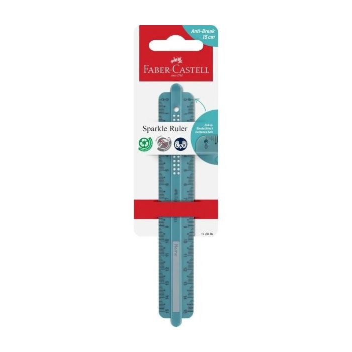 Faber-Castell Sparkle Regla Recta 15cm - Panel para Nombre - Escalas para Zurdos y Diestros - Color Verde Oceano