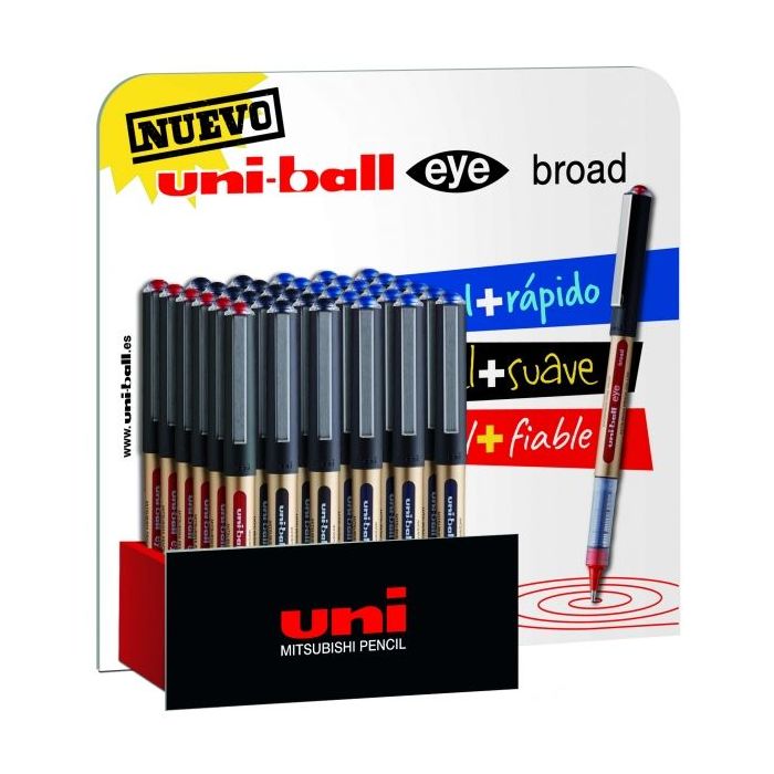 Uni-ball UB-150 Eye Broad Expositor de 36 Boligrafos de Tinta Liquida - Punta de Bola 1mm - Tinta Resistente al Agua y Luz - Sistema de Control de Tinta - Colores Surtidos