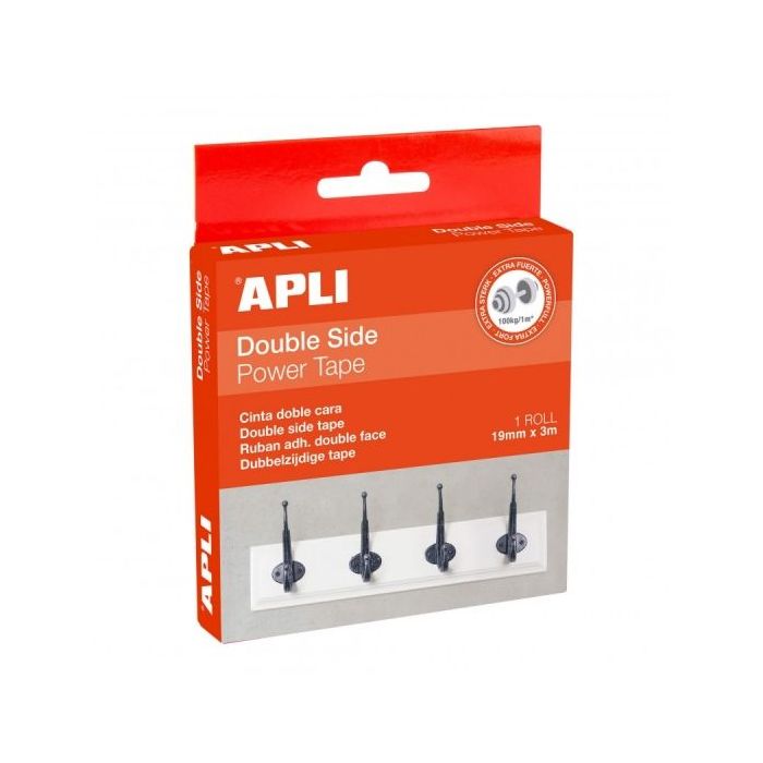 Apli Cinta Adhesiva Doble Cara Power - Soporta hasta 100 kg - Resistente y Duradera - Adhesion Instantanea - Ideal para Superficies Planas - Color Transparente