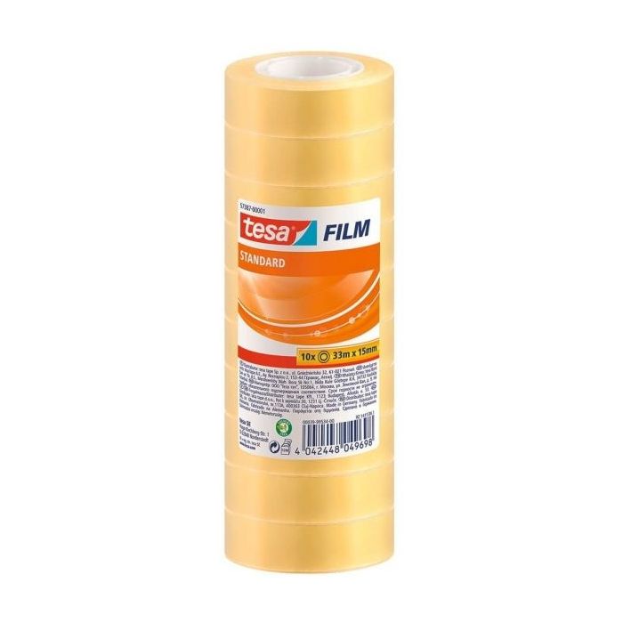 Tesa Tesafilm Standard Pack de 10 Cintas Autoadhesivas Transparentes 15mmx33m - Buena Adherencia y Alta Resistencia a la Luz UV - Sin PVC