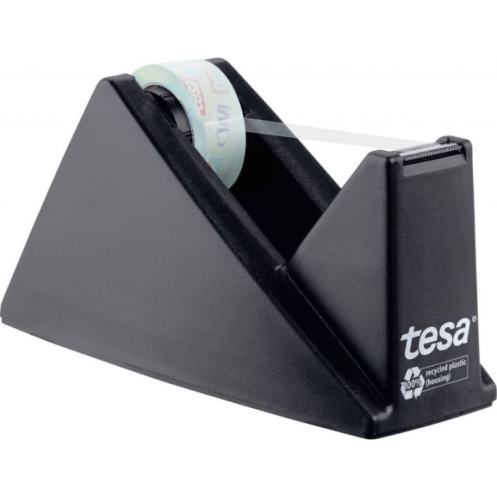 Tesa Tesafilm Eco - Crystal Easy Cut Portarrollos de Sobremesa + Cinta Adhesiva Fabricada con 90% de Botellas PET Recicladas - Color Negro