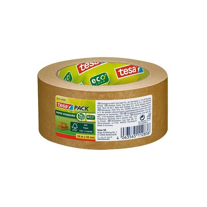 Tesa Tesapack Paper Standard Cinta Adhesiva de Papel 50mmx50m - Hecho con 56% de Materiales Biodegradables - Papel Procedente de Bosques Certificados FSCTM - Color Marron
