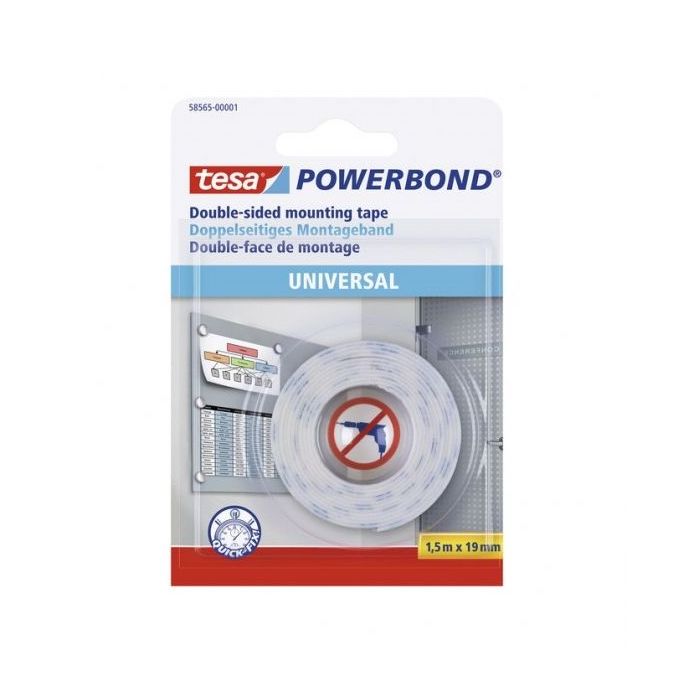 Tesa Powerbond Cinta Adhesiva Doble Cara 19mm x 1.5 Metros - Para Fijacion Segura y Rapida de Objetos Planos y Ligeros - Color Blanco