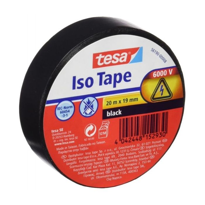 Tesa Cinta Aislante 19mm x 20m - Fabricada en PVC - Para Reparar, Aislar y Agrupar todo tipo de Cables Electricos - Color Negro