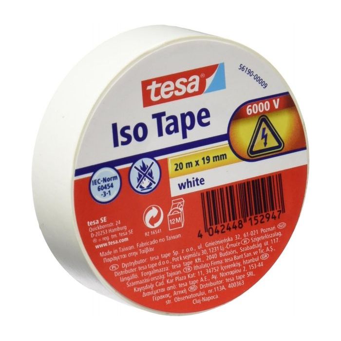 Tesa Cinta Aislante 19mm x 20m - Fabricada en PVC - Para Reparar, Aislar y Agrupar todo tipo de Cables Electricos - Color Blanco
