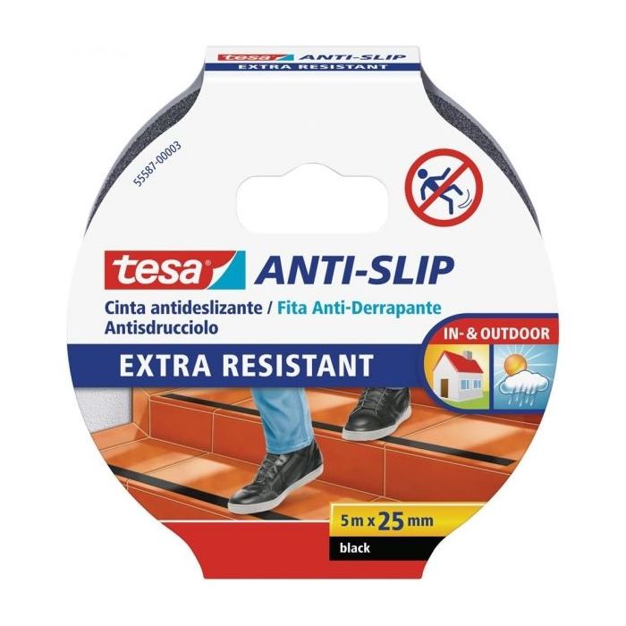 Tesa Cinta Adhesiva Antideslizante 25mm x 5m - Extremadamente Fuerte y Duradera - Adhesion muy Fuerte - Se puede Cortar a Mano - Color Negro
