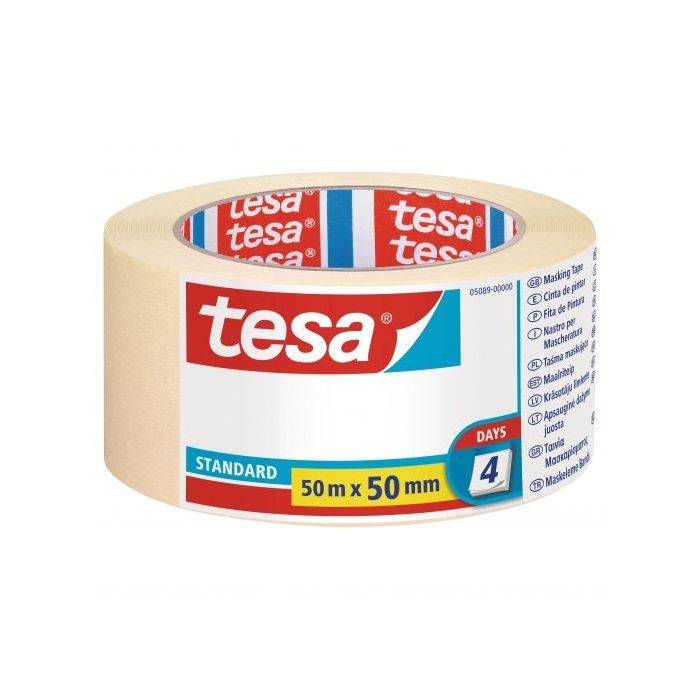 Tesa Standard Cinta de Pintor 50mm x 50m - Fabricada en Papel - Libre de Disolventes - No deja Residuos