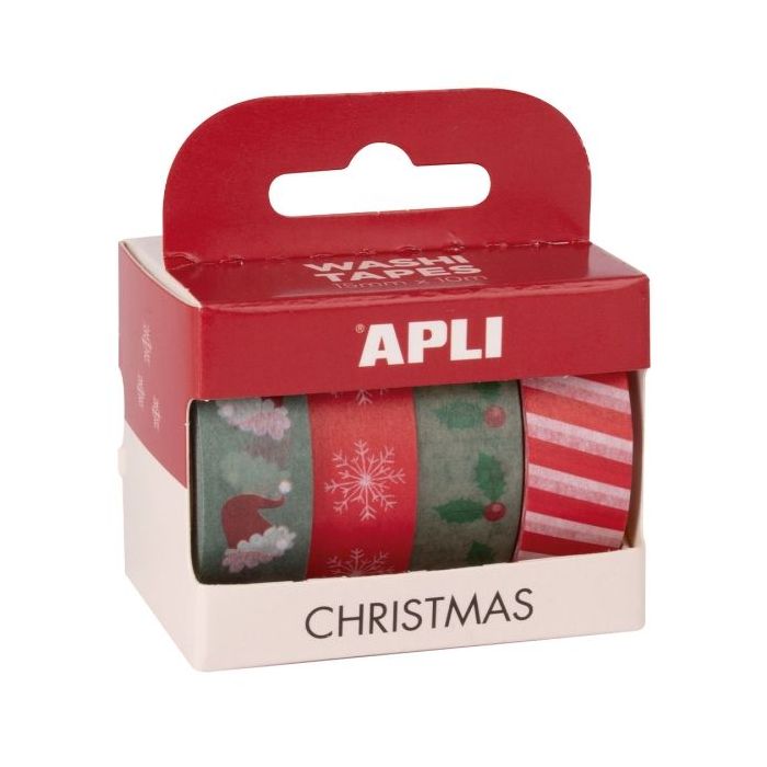 Apli Christmas Pack con 4 Cintas Adhesivas de Papel Washi 15mmx10m - Tematica Navideña - 4 Diseños Diferentes - Decoracion y Manualidades
