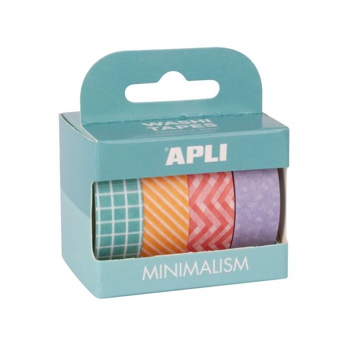 Apli Minimalism Pack con 4 Cintas Adhesivas de Papel Washi 15mmx10m - 4 Diseños Diferentes - Decoracion y Manualidades