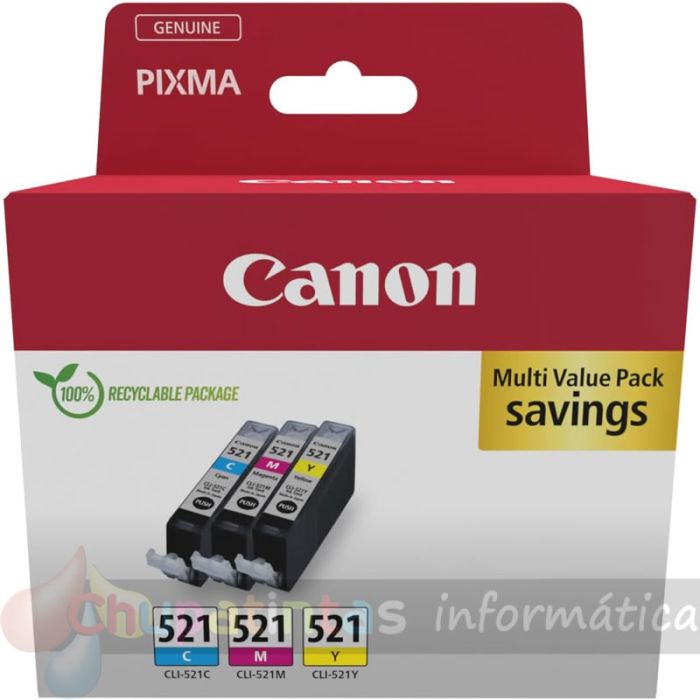 Canon CLI521 Pack de 3 Cartuchos de Tinta Originales - Cian, Magenta, Amarillo - 2934B015/2934B010 - Mejor Precio