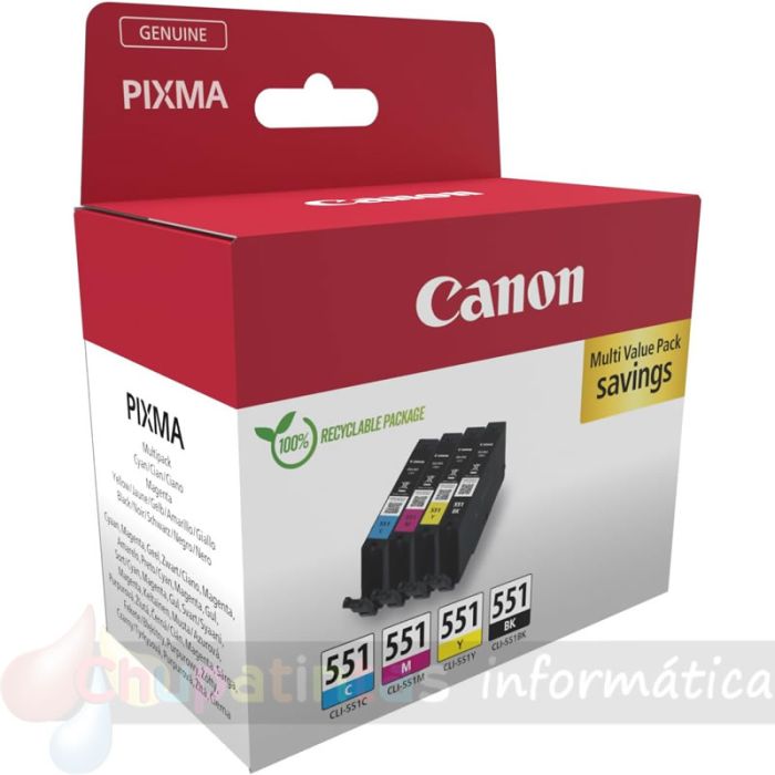 Canon CLI551 Multipack de 4 Cartuchos de Tinta Originales Negro, Cian, Magenta y Amarillo - 6509B015-2